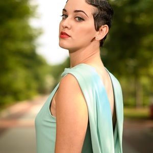 Knit cowl back dress.